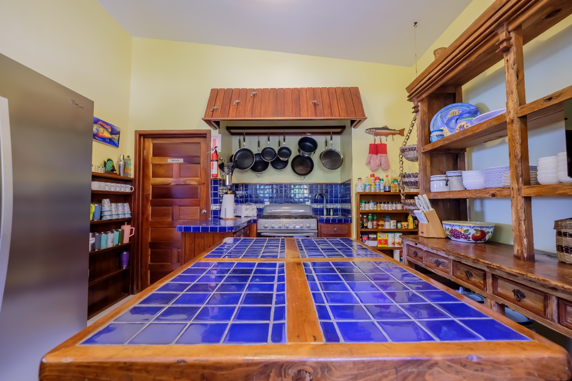Blue-tile kitchen island and chef's range