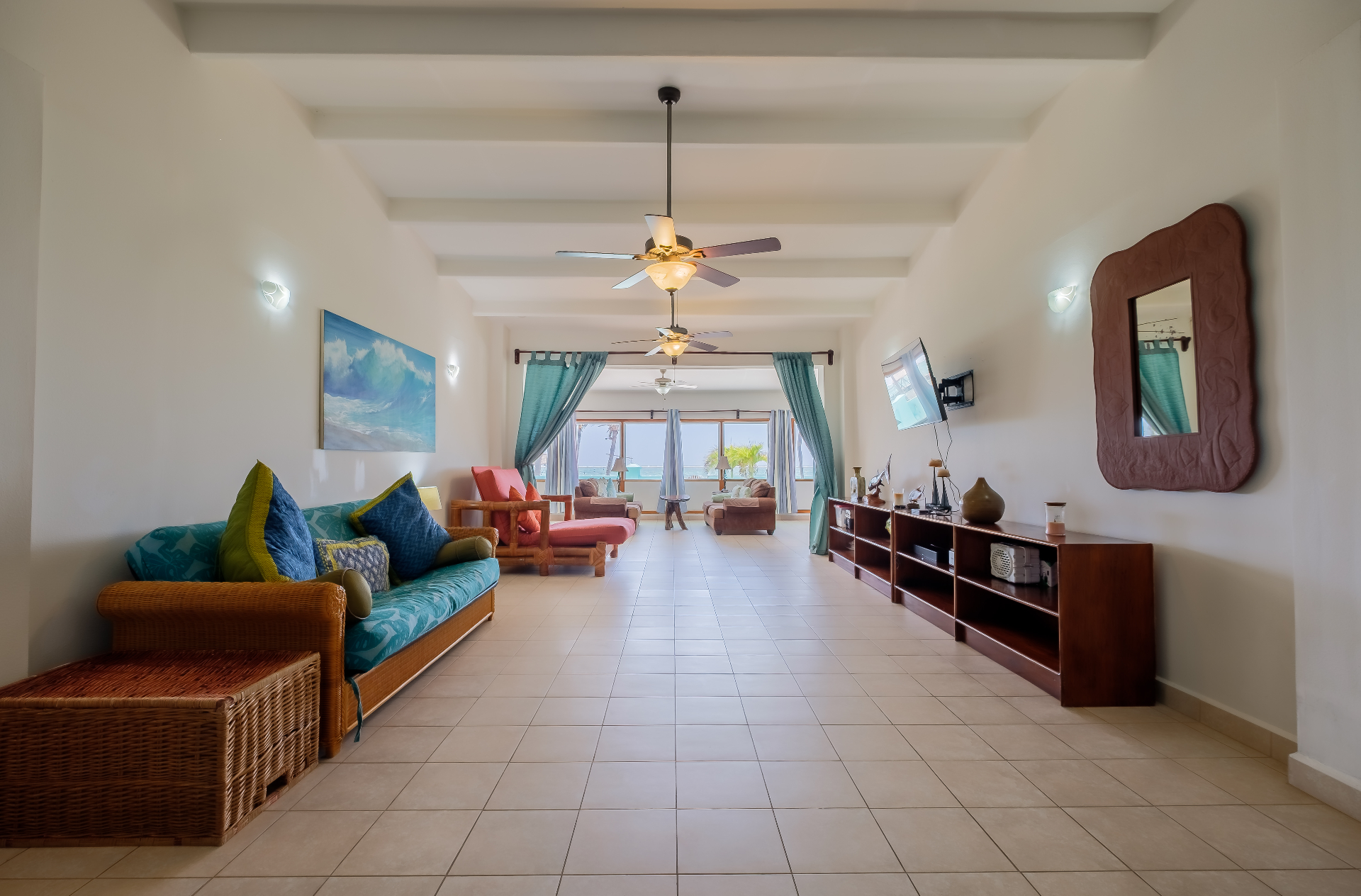 Open living room with sea-view windows