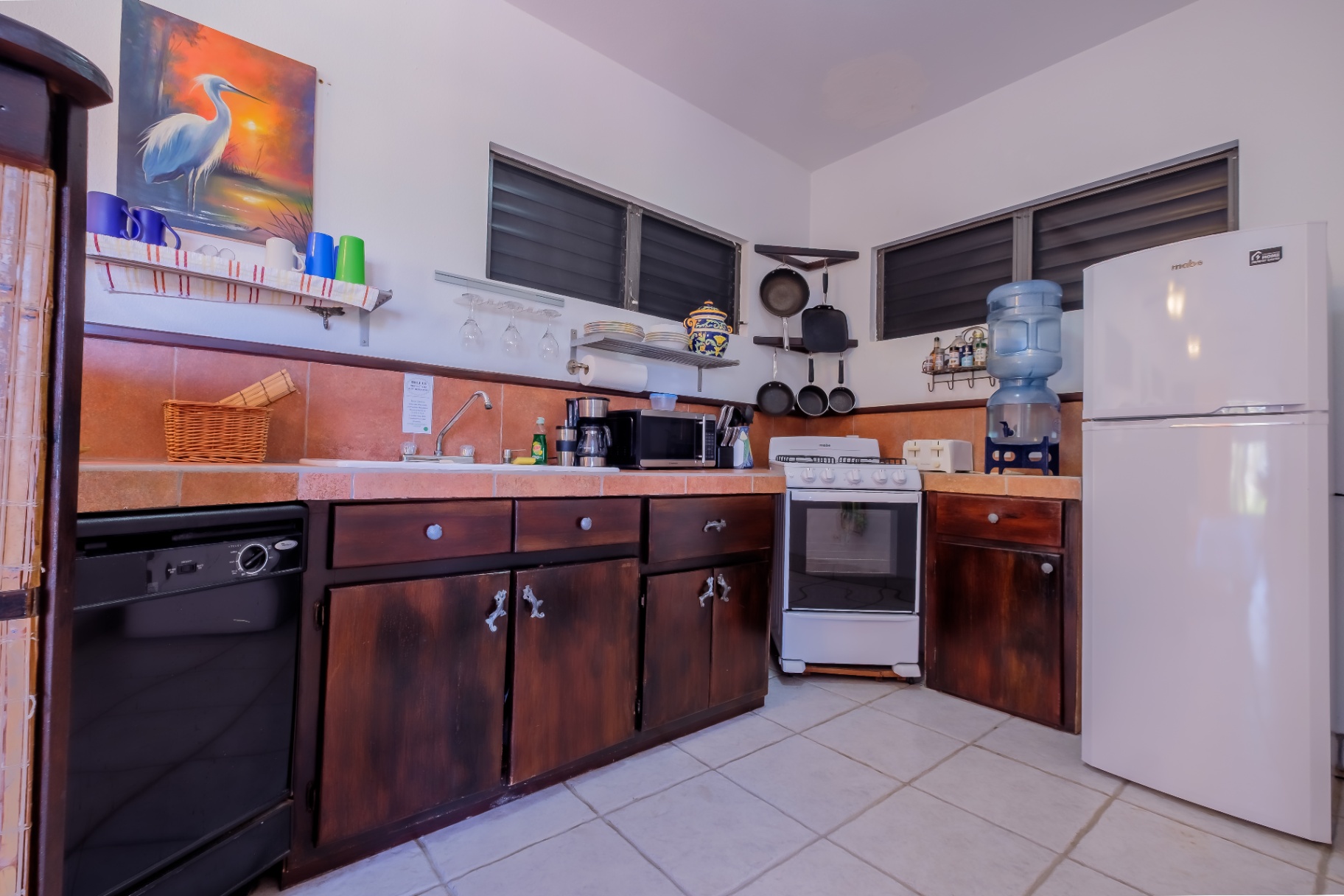 Kitchen with gas range, dishwasher, and tropical artwork