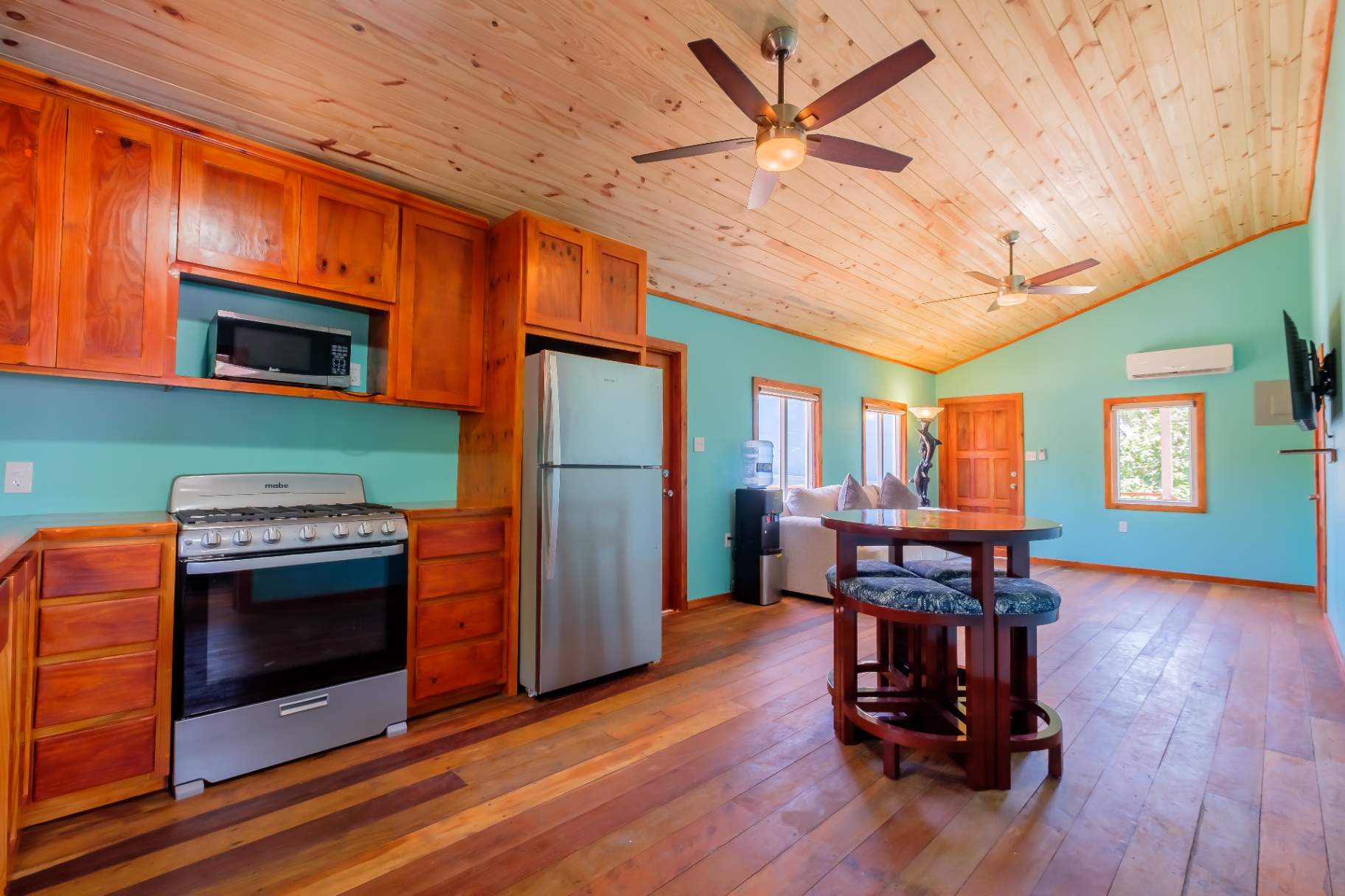 Studio kitchen and living room with vaulted pine ceiling