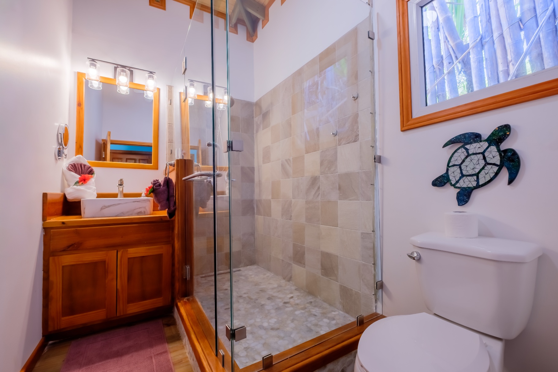 Bathroom with glass walk-in stone shower and turtle mosaic