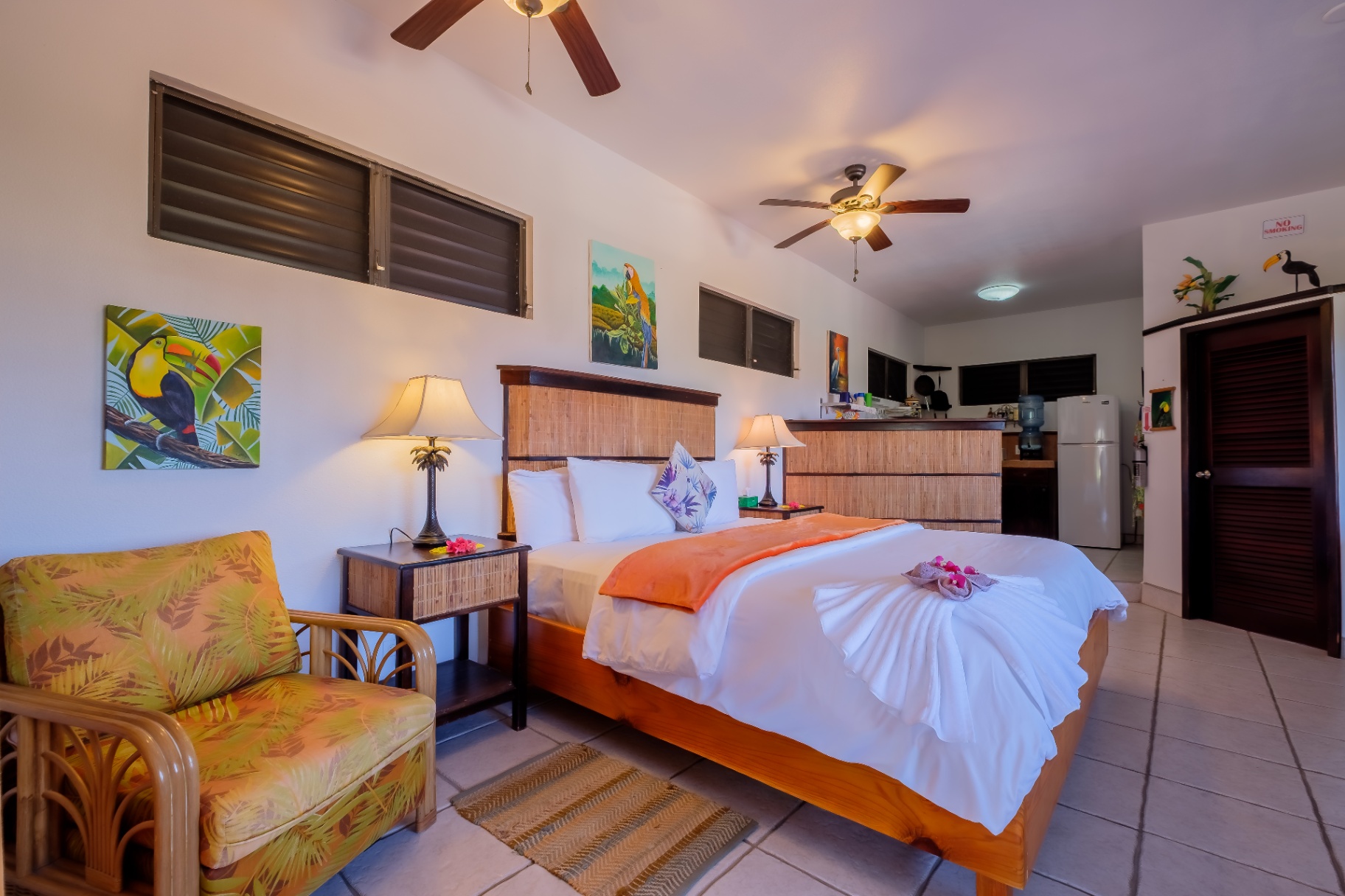 Studio suite open to the kitchenette and breakfast bar