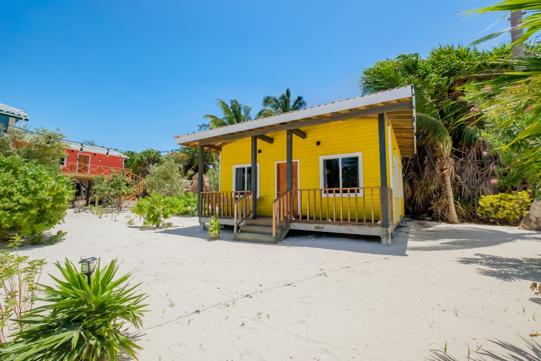 Yellow Turtle House cabana on the sand with palms and string lights