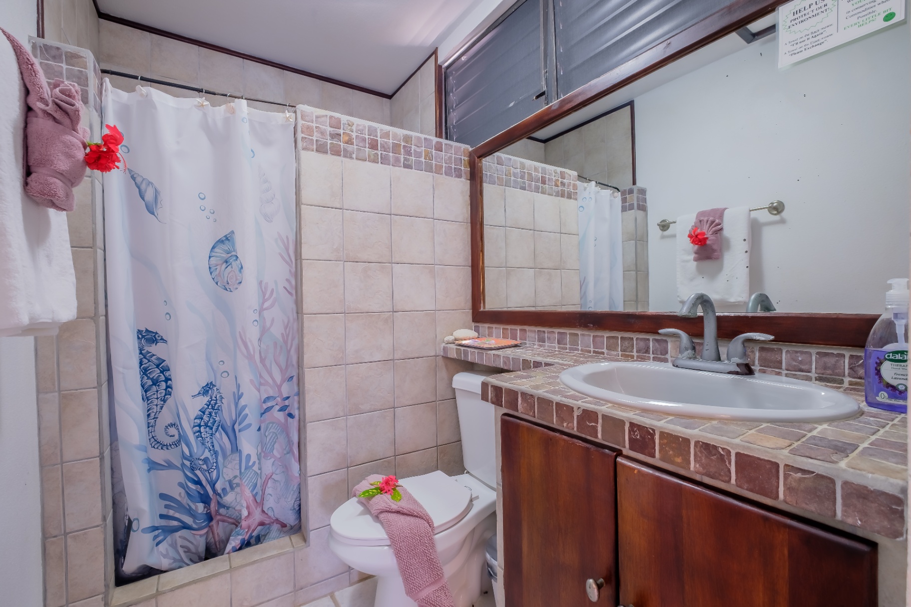 Bathroom with sea-themed curtain and tiled vanity