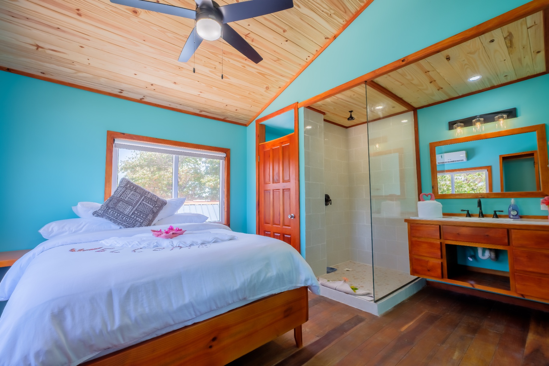 King bedroom with open ensuite shower and double vanity